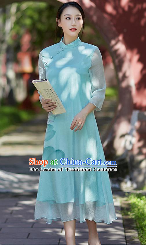 Traditional Chinese National Costume Hanfu Painting Lotus Blue Qipao Dress, China Tang Suit Cheongsam for Women