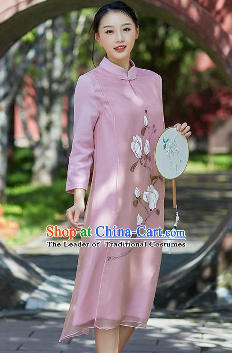Traditional Chinese National Costume Hanfu Painting Magnolia Pink Qipao Dress, China Tang Suit Cheongsam for Women