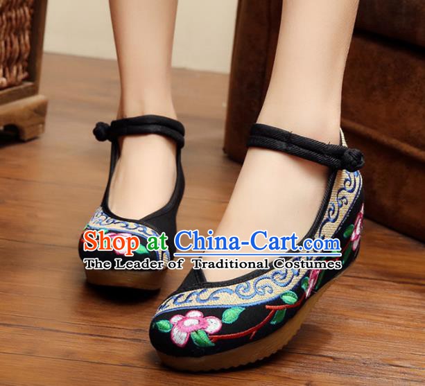 Traditional Chinese National Hanfu Embroidery Flowers Black Shoes, China Princess Embroidered Shoes for Women