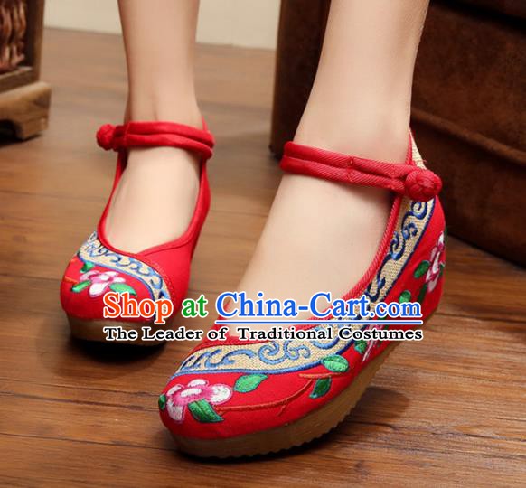 Traditional Chinese National Hanfu Embroidery Flowers Red Shoes, China Princess Embroidered Shoes for Women