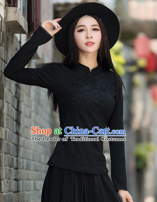 Traditional Chinese National Costume Hanfu Black Embroidered Blouse, China Tang Suit Cheongsam Upper Outer Garment Shirt for Women