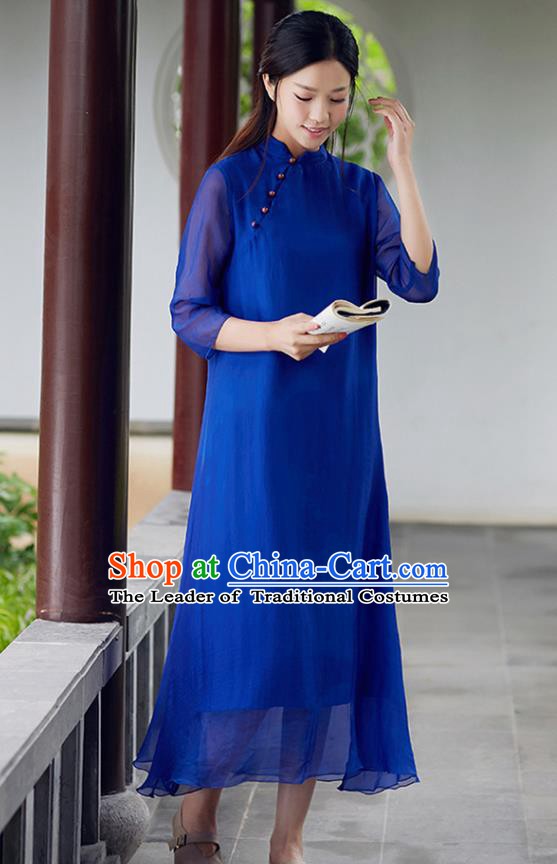 Traditional Chinese National Costume Hanfu Slant Opening Blue Qipao Dress, China Tang Suit Cheongsam for Women