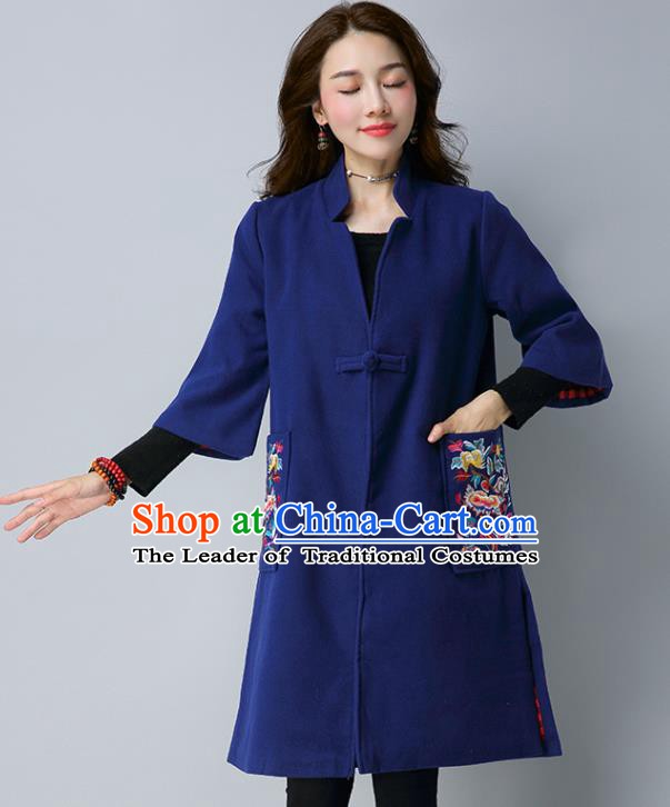 Traditional Chinese National Costume Hanfu Embroidered Blue Coat, China Tang Suit Woolen Dust Coat for Women