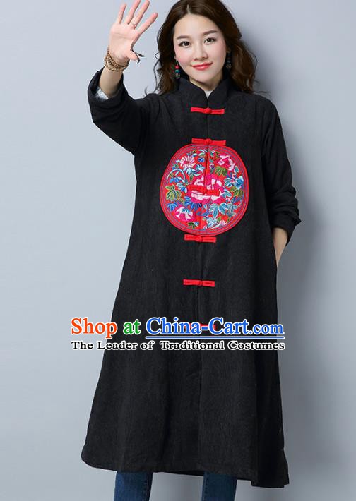 Traditional Chinese National Costume Hanfu Embroidered Black Coat, China Tang Suit Plated Buttons Dust Coat for Women