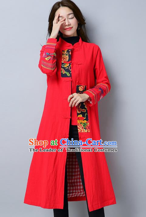 Traditional Chinese National Costume Hanfu Embroidered Red Coat, China Tang Suit Outer Garment Dust Coat for Women
