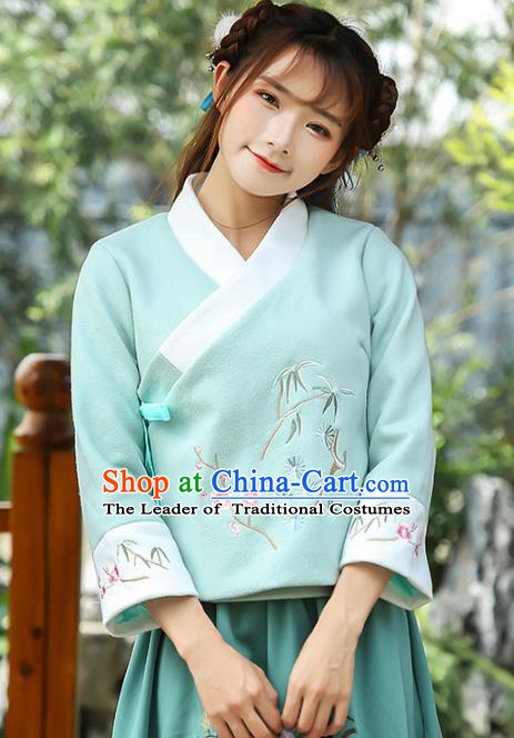 Traditional Chinese National Costume Hanfu Embroidery Blue Blouse, China Tang Suit Cheongsam Upper Outer Garment Shirt for Women