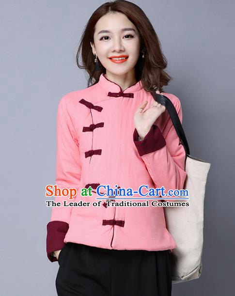 Traditional Chinese National Costume Hanfu Pink Cotton-padded Jacket, China Tang Suit Coat for Women