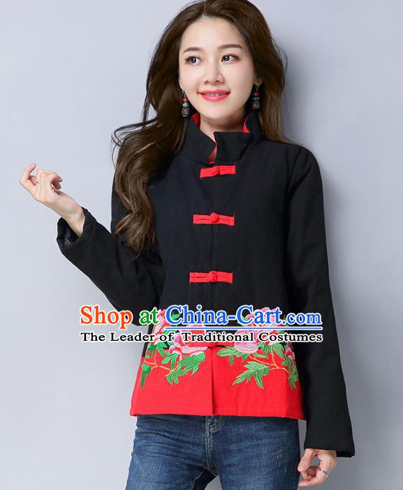 Traditional Chinese National Costume Hanfu Black Embroidered Jacket, China Tang Suit Coat for Women
