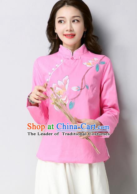 Traditional Chinese National Costume Hanfu Printing Magnolia Pink Qipao Blouse, China Tang Suit Cheongsam Shirts for Women