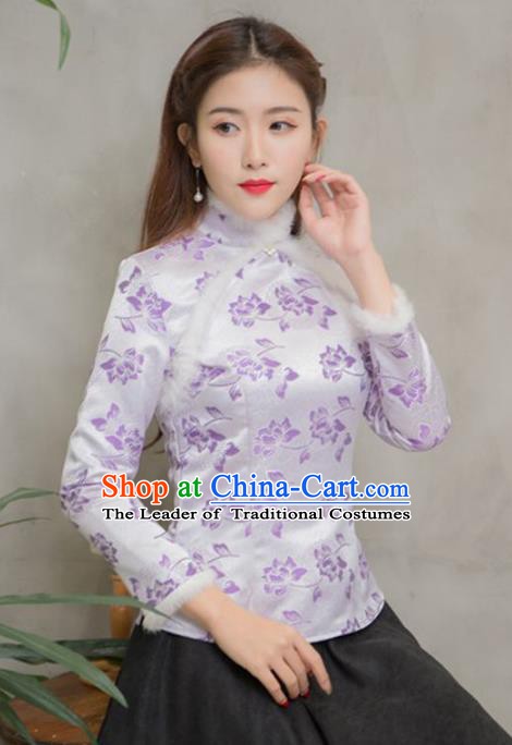 Traditional Chinese National Costume Hanfu Purple Satin Qipao Blouse, China Tang Suit Cheongsam Shirts for Women