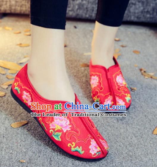 Traditional Chinese National Hanfu Embroidery Peony Red Shoes, China Ancient Embroidered Shoes for Women