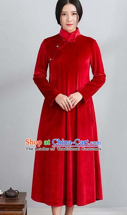 Traditional Chinese National Costume Hanfu Red Velvet Qipao, China Tang Suit Cheongsam Dress for Women
