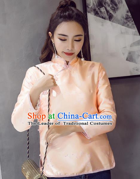 Traditional Chinese National Costume Hanfu Pink Satin Qipao Blouse, China Tang Suit Cheongsam Shirts for Women