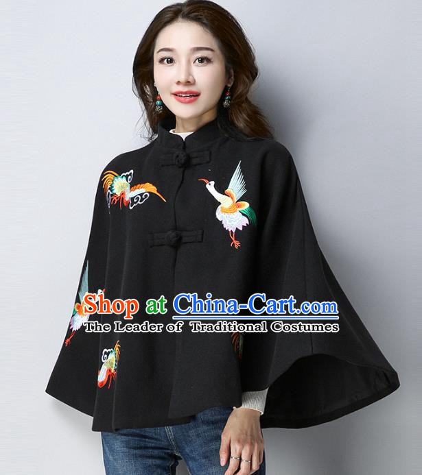 Traditional Chinese National Costume Hanfu Red Embroidered Black Cloak, China Tang Suit Cape for Women