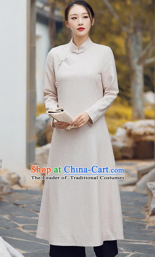 Traditional Chinese National Costume Hanfu Beige Qipao, China Tang Suit Cheongsam Dress for Women