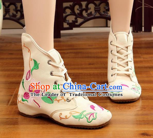 Traditional Chinese National Hanfu Embroidery Flowers White Shoes, China Ancient Embroidered Shoes for Women