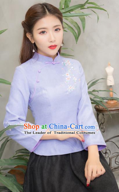 Traditional Chinese National Costume Hanfu Purple Embroidered Blouse, China Tang Suit Cheongsam Upper Outer Garment Shirt for Women