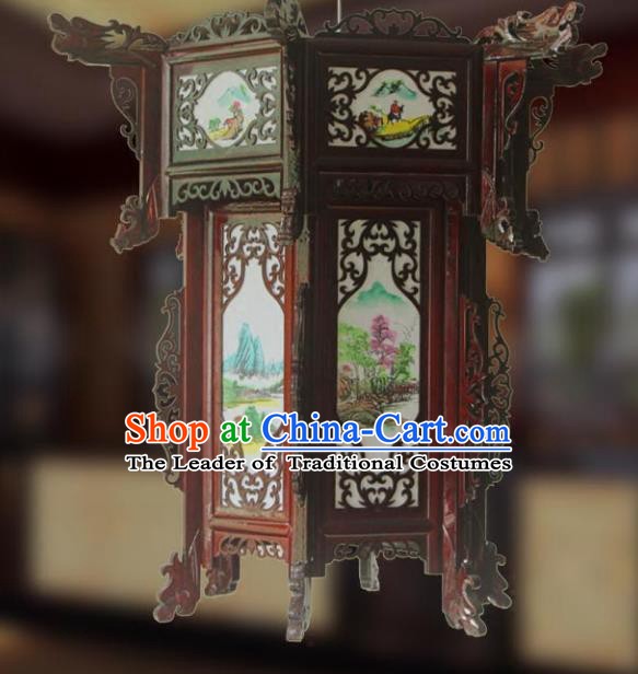 Traditional Chinese Handmade Printing Sheepskin Hexagon Lantern Classical Palace Lantern China Wood Carving Ceiling Palace Lamp