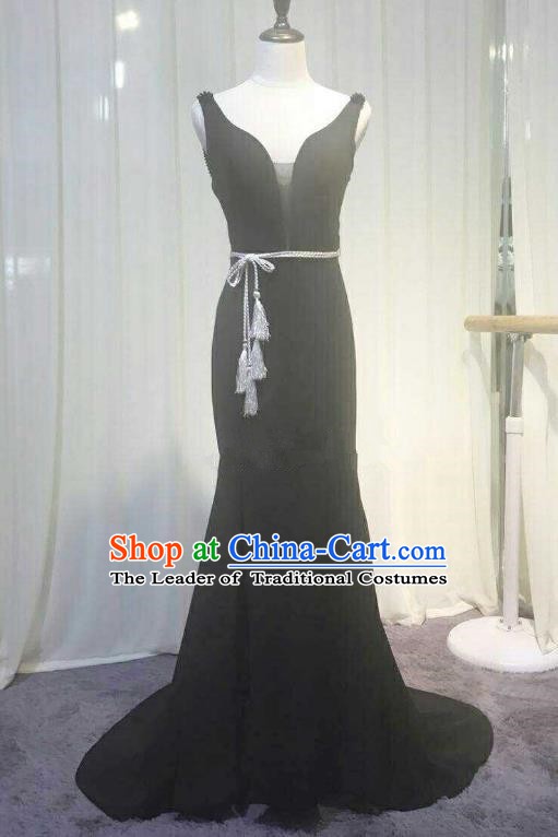Chinese Style Wedding Catwalks Costume Wedding Black Full Dress Compere Cheongsam for Women