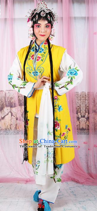 Chinese Beijing Opera Servant Girl Yellow Embroidered Costume, China Peking Opera Actress Embroidery Clothing