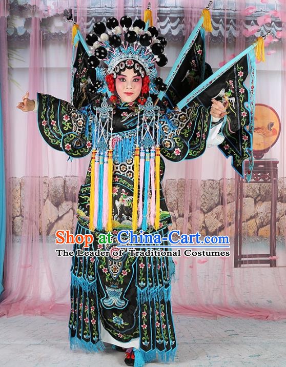 Chinese Beijing Opera Female General Costume Embroidered Black Robe, China Peking Opera Blues Embroidery Gwanbok Clothing