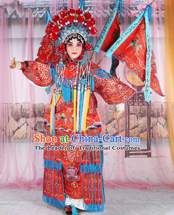 Chinese Beijing Opera Female General Costume Embroidered Red Robe, China Peking Opera Blues Embroidery Gwanbok Clothing