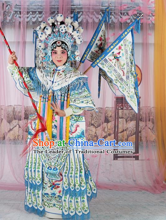 Chinese Beijing Opera Female General Costume White Embroidered Robe, China Peking Opera Blues Embroidery Gwanbok Clothing