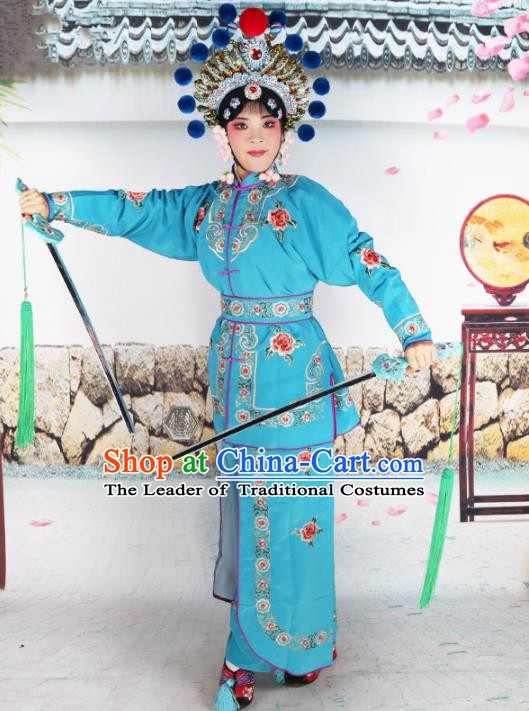 Chinese Beijing Opera Warrior Embroidered Deep Blue Costume, China Peking Opera Blues Embroidery Clothing