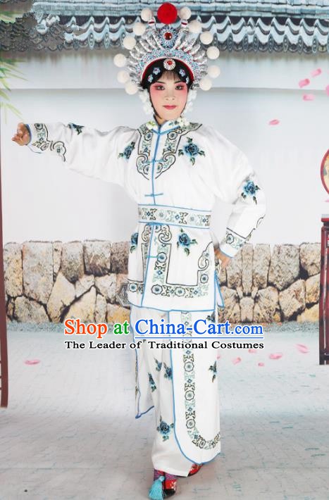 Chinese Beijing Opera Female Swordplay White Embroidered Costume, China Peking Opera Blues Warrior Embroidery Gwanbok Clothing
