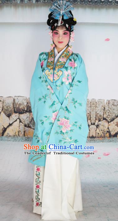 Chinese Beijing Opera Diva Princess Blue Embroidered Costume, China Peking Opera Actress Embroidery Clothing