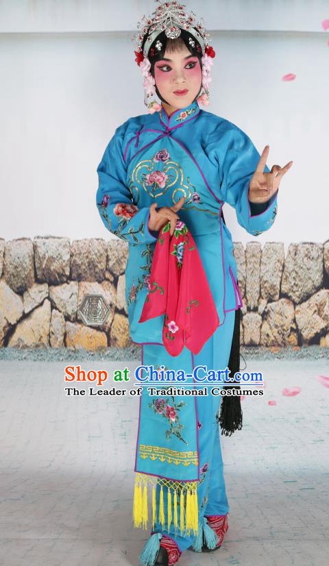 Chinese Beijing Opera Servant Girl Blue Embroidered Costume, China Peking Opera Actress Embroidery Clothing