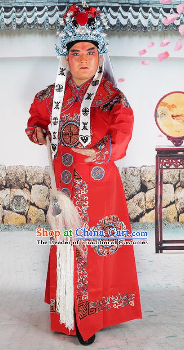 Chinese Beijing Opera Takefu Costume Red Embroidered Robe, China Peking Opera Imperial Bodyguard Embroidery Clothing