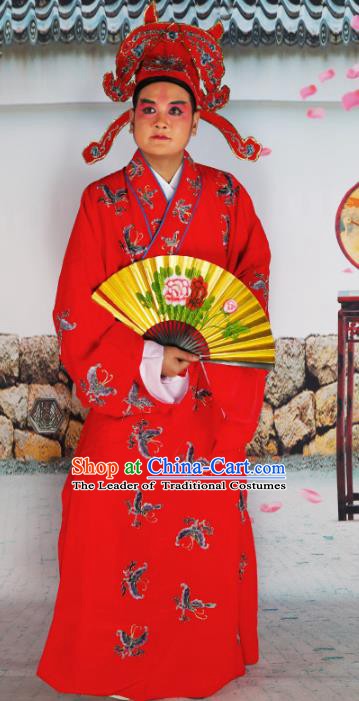 Chinese Beijing Opera Niche Costume Red Embroidered Robe, China Beijing Opera Scholar Embroidery Butterfly Clothing