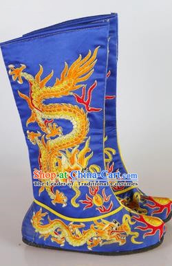 Chinese Beijing Opera Emperor Blue Embroidered Boots, China Peking Opera Takefu General Embroidery Dragons Shoes