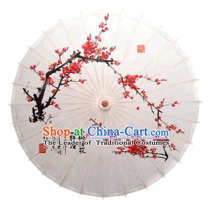 China Traditional Dance Handmade Umbrella Ink Painting Red Plum Blossom White Oil-paper Umbrella Stage Performance Props Umbrellas