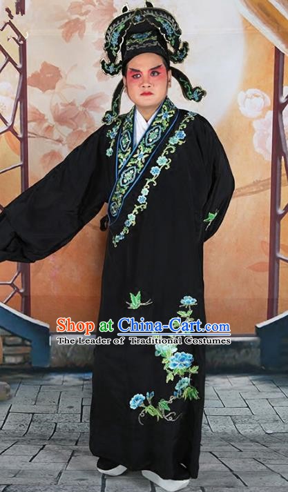 Chinese Beijing Opera Niche Costume Black Embroidered Robe, China Peking Opera Scholar Embroidery Peony Clothing