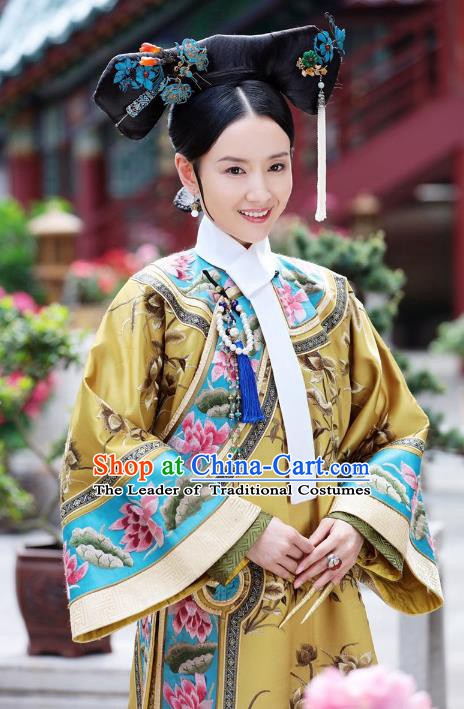 Traditional Chinese Ancient Qing Dynasty Manchu Imperial Empress Embroidered Costume and Headpiece Complete Set
