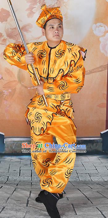 Chinese Beijing Opera Takefu Costume Yellow Embroidered Robe, China Peking Opera Monkey King Embroidery Clothing
