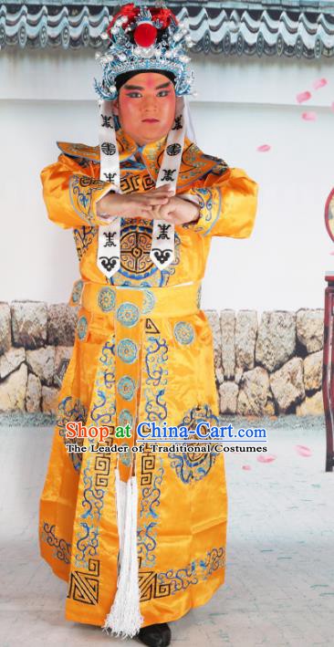 Chinese Beijing Opera Takefu Costume Yellow Embroidered Robe, China Peking Opera Imperial Bodyguard Embroidery Clothing