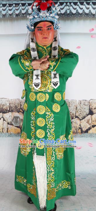Chinese Beijing Opera Takefu Costume Green Embroidered Robe, China Peking Opera Imperial Bodyguard Embroidery Clothing