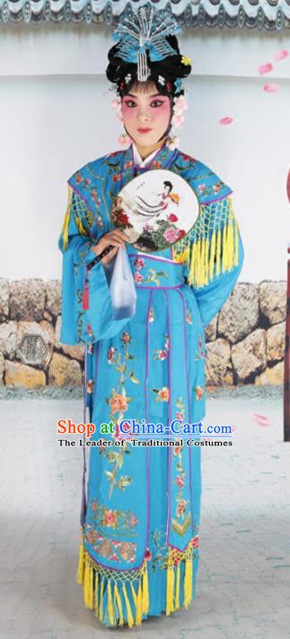 Chinese Beijing Opera Diva Palace Lady Embroidered Blue Costume, China Peking Opera Actress Embroidery Clothing