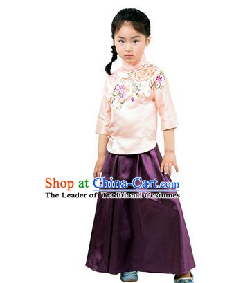 Traditional Chinese Ancient Republic of China Nobility Lady Costume Embroidered Blouse and Purple Skirt for Kids