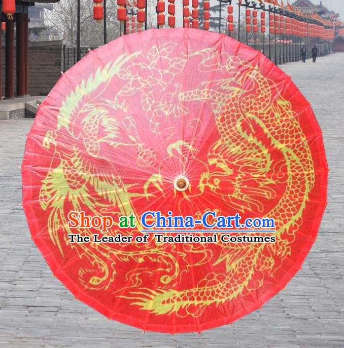 Handmade China Traditional Dance Umbrella Classical Printing Dragon Phoenix Wedding Red Oil-paper Umbrella Stage Performance Props Umbrellas