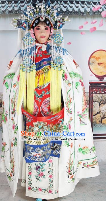 Chinese Beijing Opera Diva Costume White Embroidered Cloak, China Peking Opera Actress Embroidery Mantle Clothing