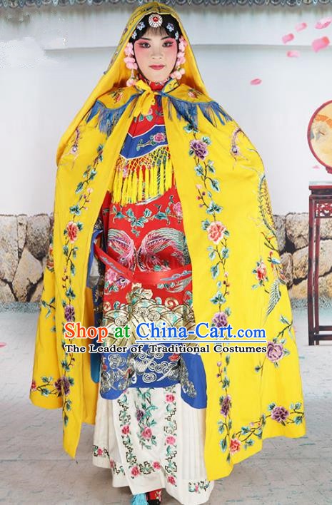 Chinese Beijing Opera Imperial Empress Costume Yellow Embroidered Cloak, China Peking Opera Actress Embroidery Mantle Clothing