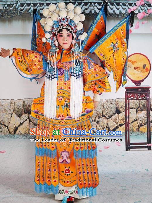 Chinese Beijing Opera Female General Embroidered Yellow Costume, China Peking Opera Blues Embroidery Clothing
