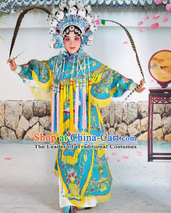 Chinese Beijing Opera Female General Embroidered Blue Costume, China Peking Opera Blues Embroidery Clothing