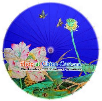 China Traditional Folk Dance Paper Umbrella Hand Painting Lotus Blue Oil-paper Umbrella Stage Performance Props Umbrellas