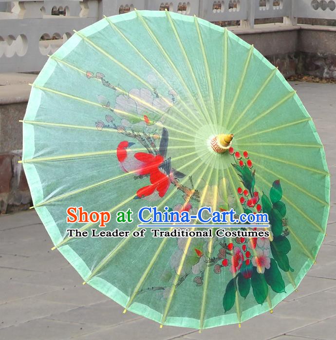 China Traditional Folk Dance Paper Umbrella Hand Painting Flower Bird Green Oil-paper Umbrella Stage Performance Props Umbrellas