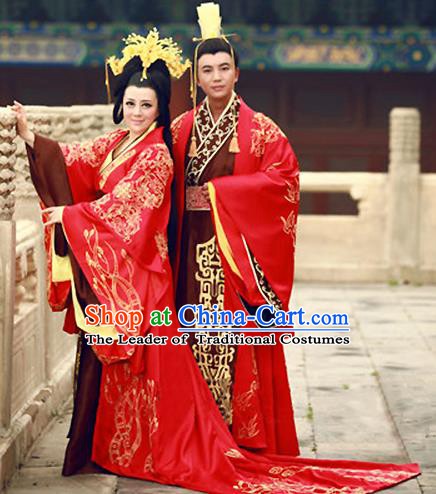 Traditional Chinese Ancient Han Dynasty Imperial Emperor and Empress Embroidered Wedding Clothing Complete Set